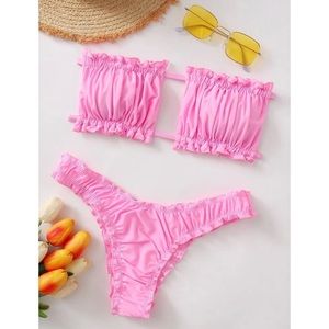 Ruched Lettuce Trim Bandeau Bikini Swimsuit